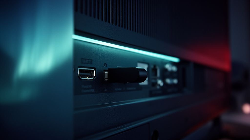 Firestick plugged into a TV HDMI port, ready to install IPTV North